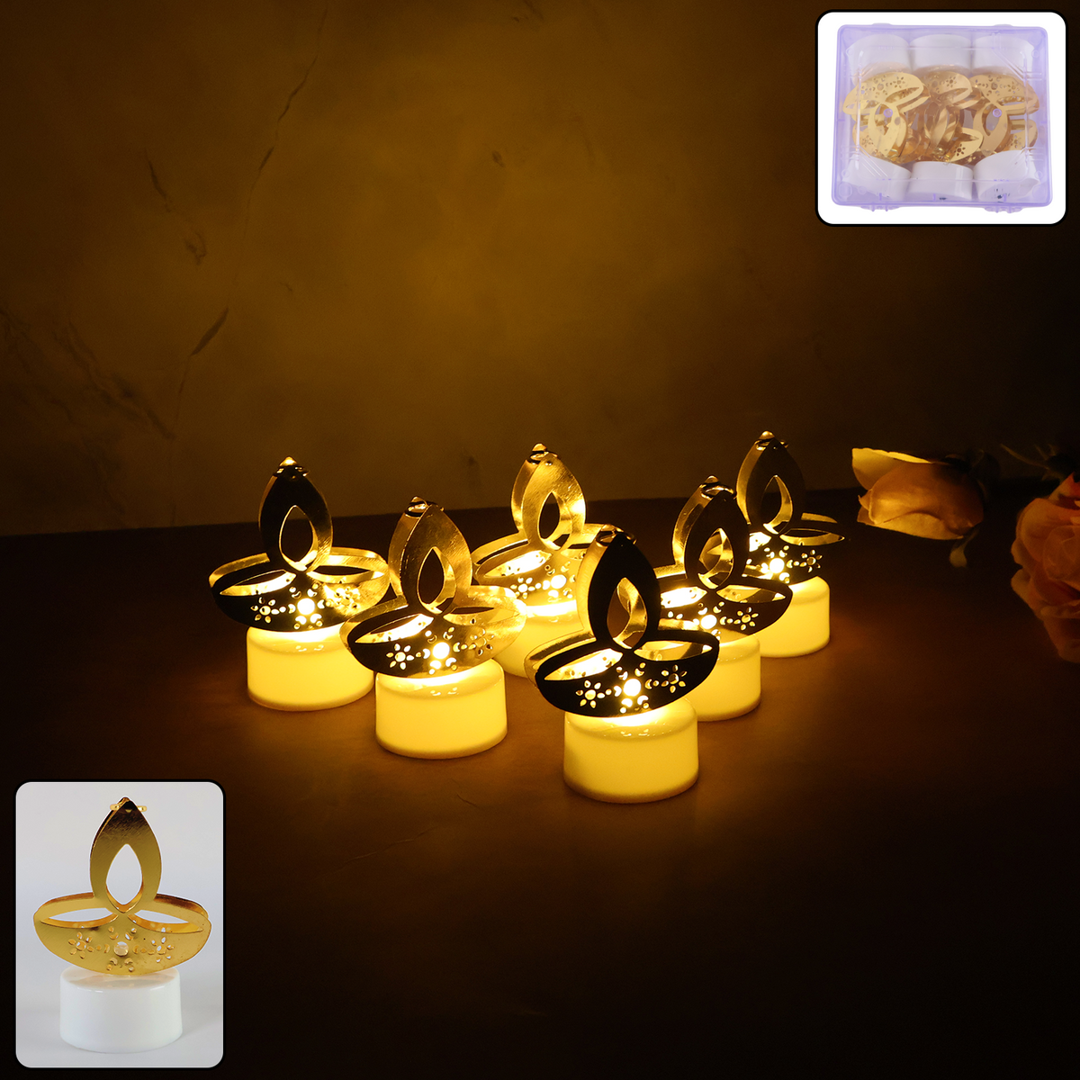 Six golden LED diya tealight candles glowing in a dark setting, with an inset showing the full set in a clear box.