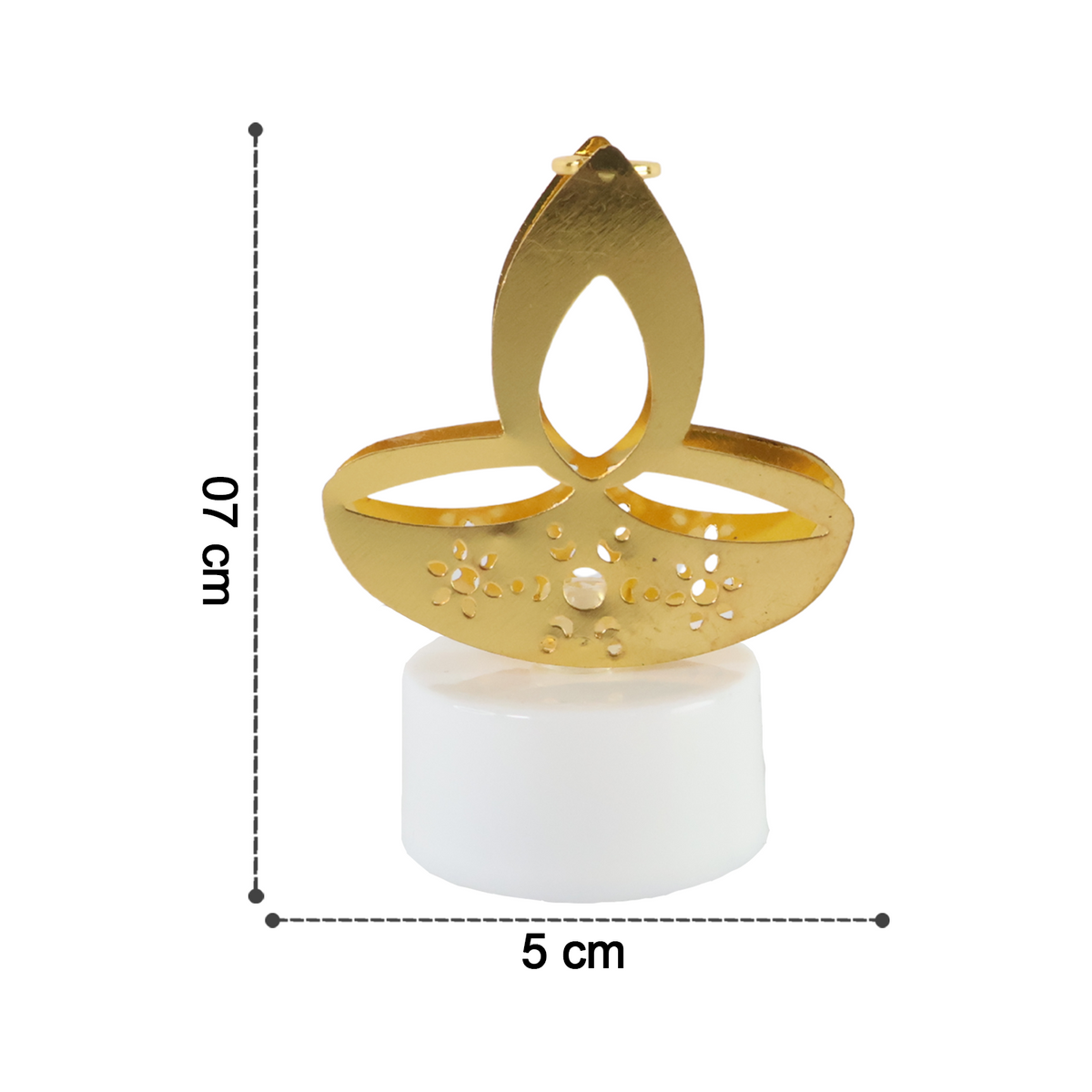 A single golden LED diya tealight candle on a white background, with dimensions of 7 cm height and 5 cm width.