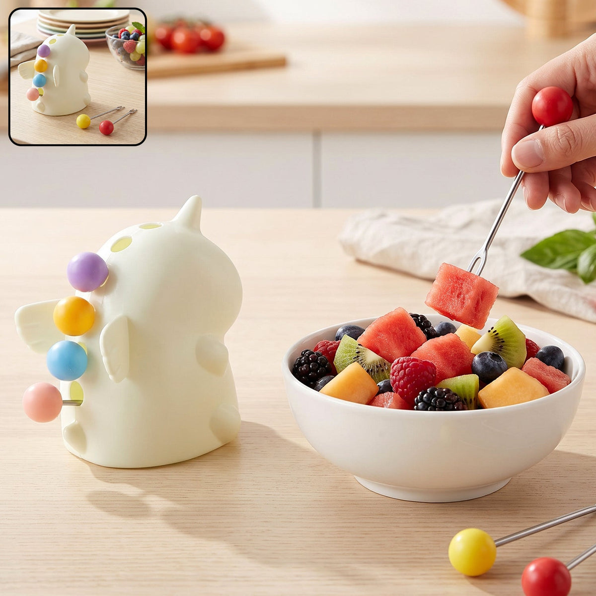 A hand uses a red-tipped fruit fork to pick up watermelon from a white bowl of mixed fruit next to a unicorn stand.