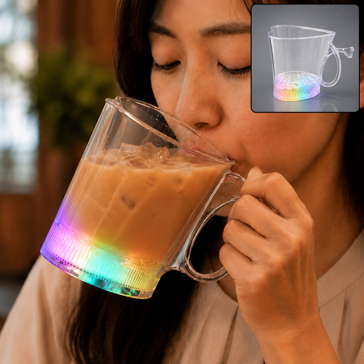 A person sips an iced coffee from a clear heart-shaped mug with a rainbow-lit base. A smaller inset shows the mug empty.
