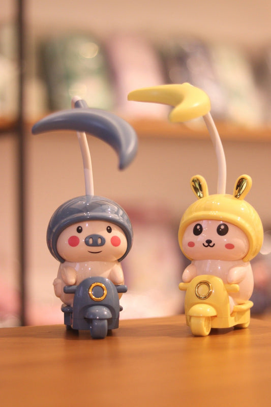 Bunny & Piggy on Scooter - Multipurpose USB Rechargeable Cartoon Table Lamp | LED Night Light for Kids Bedroom & Desk | Onebest