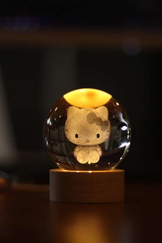 Kitty Moon Crystal Ball Night Light - 3D Cat on Crescent Moon LED Lamp with Wooden Base | USB Powered Gift for Cat Lovers & Home Decor | Onebest