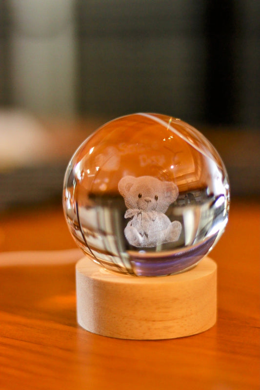 Teddy Bear Crystal Ball Night Light - Warm White LED Lamp with Wooden Base | USB Powered Decorative Gift for Kids, Couples & Home Decor | Onebest