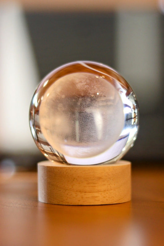 3D Moon Crystal Ball Night Light - Warm White LED Lamp with Wooden Base | USB Powered Decorative Light for Home, Bedroom, Office & Gift | Onebest