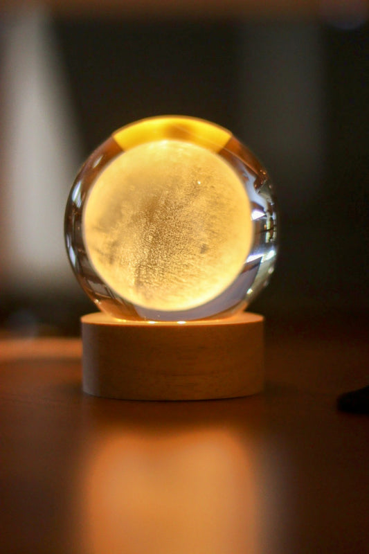 3D Moon Crystal Ball Night Light - Warm White LED Lamp with Wooden Base | USB Powered Decorative Light for Home, Bedroom, Office & Gift | Onebest