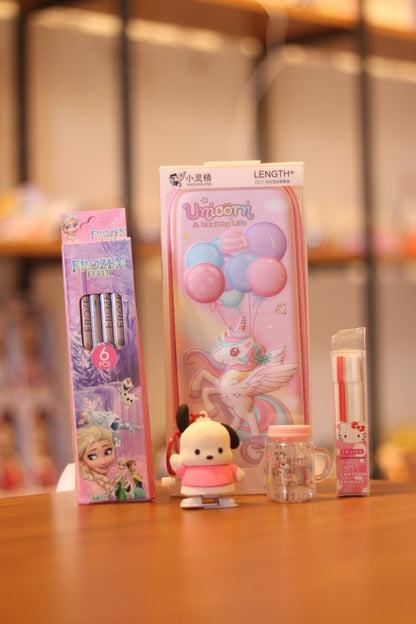 Unicorn & Disney Frozen Stationery Combo Set for Kids – Pencil Pouch, Pencil Set, Eraser Pack, Sharpener & Keychain | Onebest Gift Pack