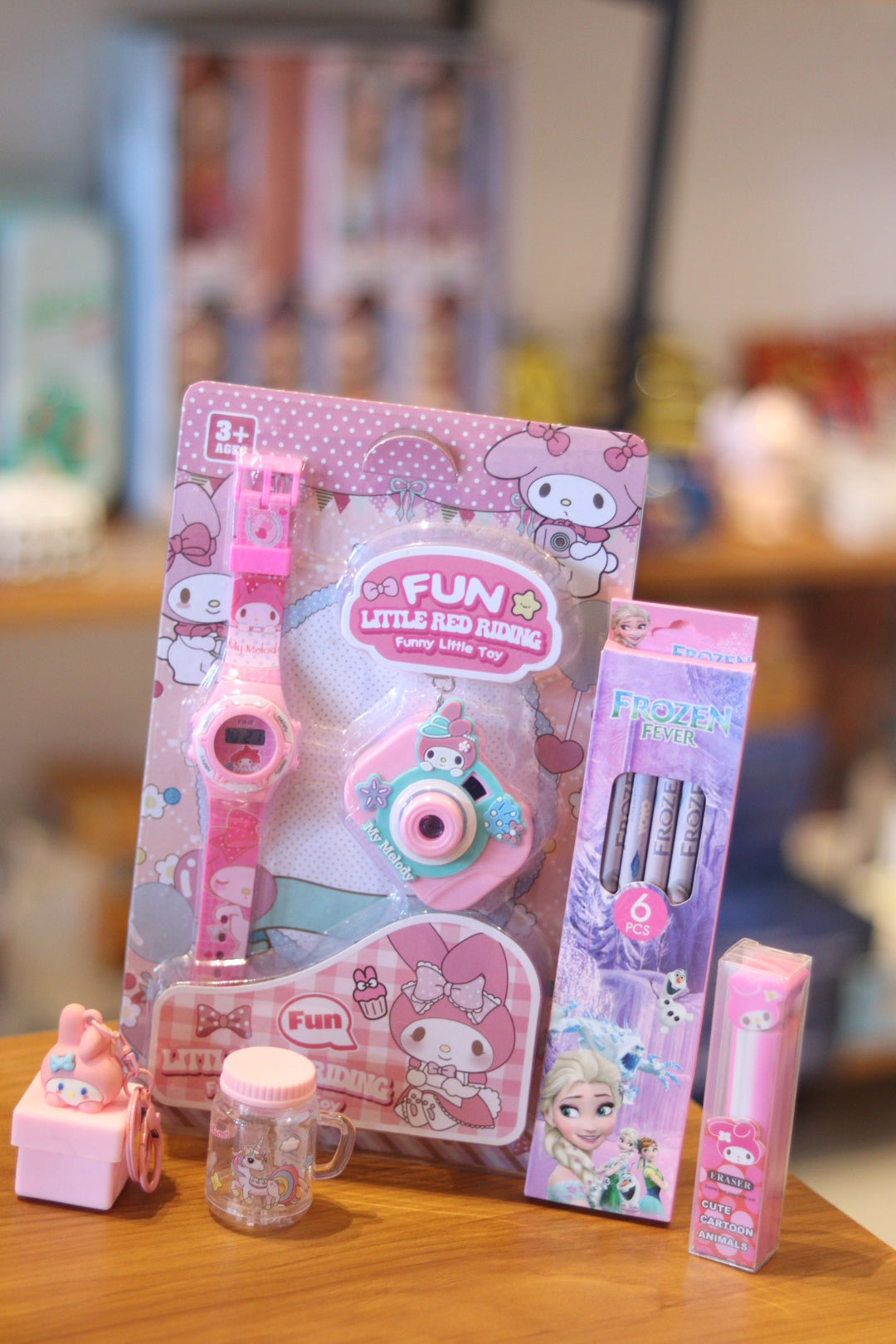 Kuromi & Frozen Kids Stationery Gift Combo Set | Watch, Pencil Set, Eraser, Sharpener & Keychain | Cute Cartoon Gift for Girls