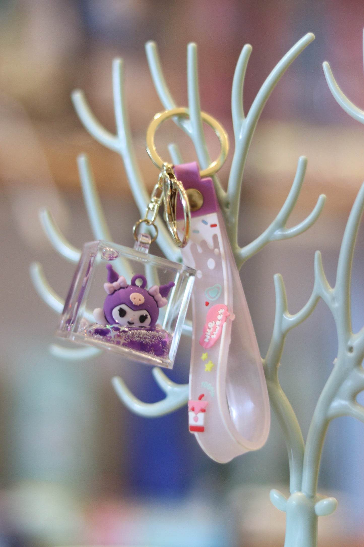 Kuromi-Style Purple Liquid Cube Keychain – Cute Floating Cartoon Charm with Glitter | Acrylic Water-Filled Key Ring for Bags & Keys | Onebest 💜✨