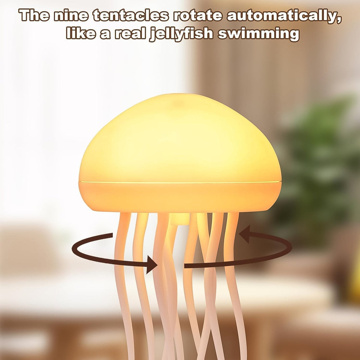 Close-up of the jellyfish lamp showing its glowing yellow dome and rotating tentacles with arrows indicating movement.