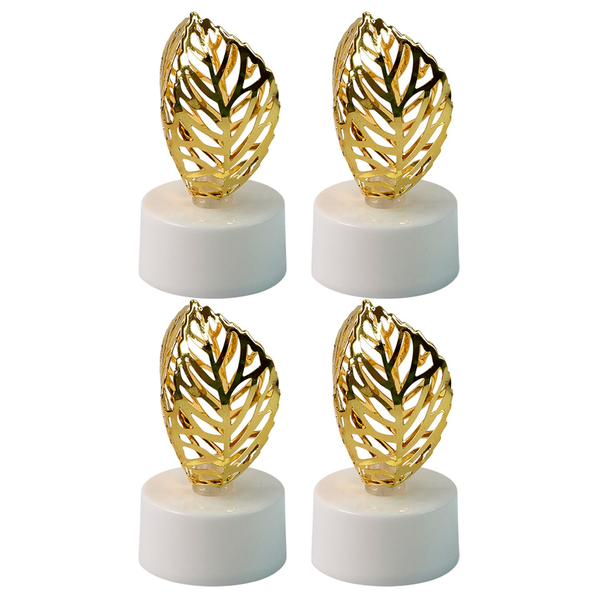 Four golden leaf LED candles with white bases are arranged in a grid on a plain white background.