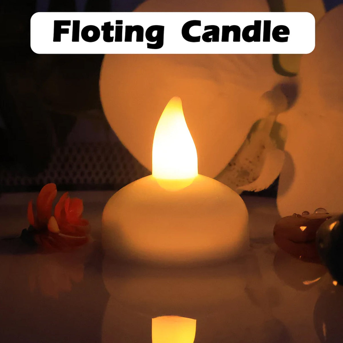 A single white LED tealight candle with a warm yellow flame, floating in water, with white flowers in the background.