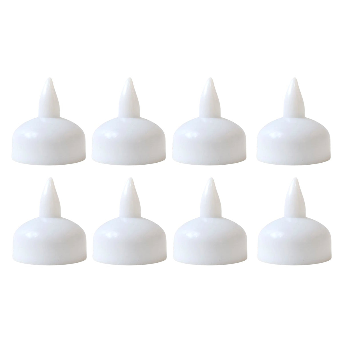 Eight unlit white LED tealight candles, each with a pointed tip, arranged in two rows on a white background.