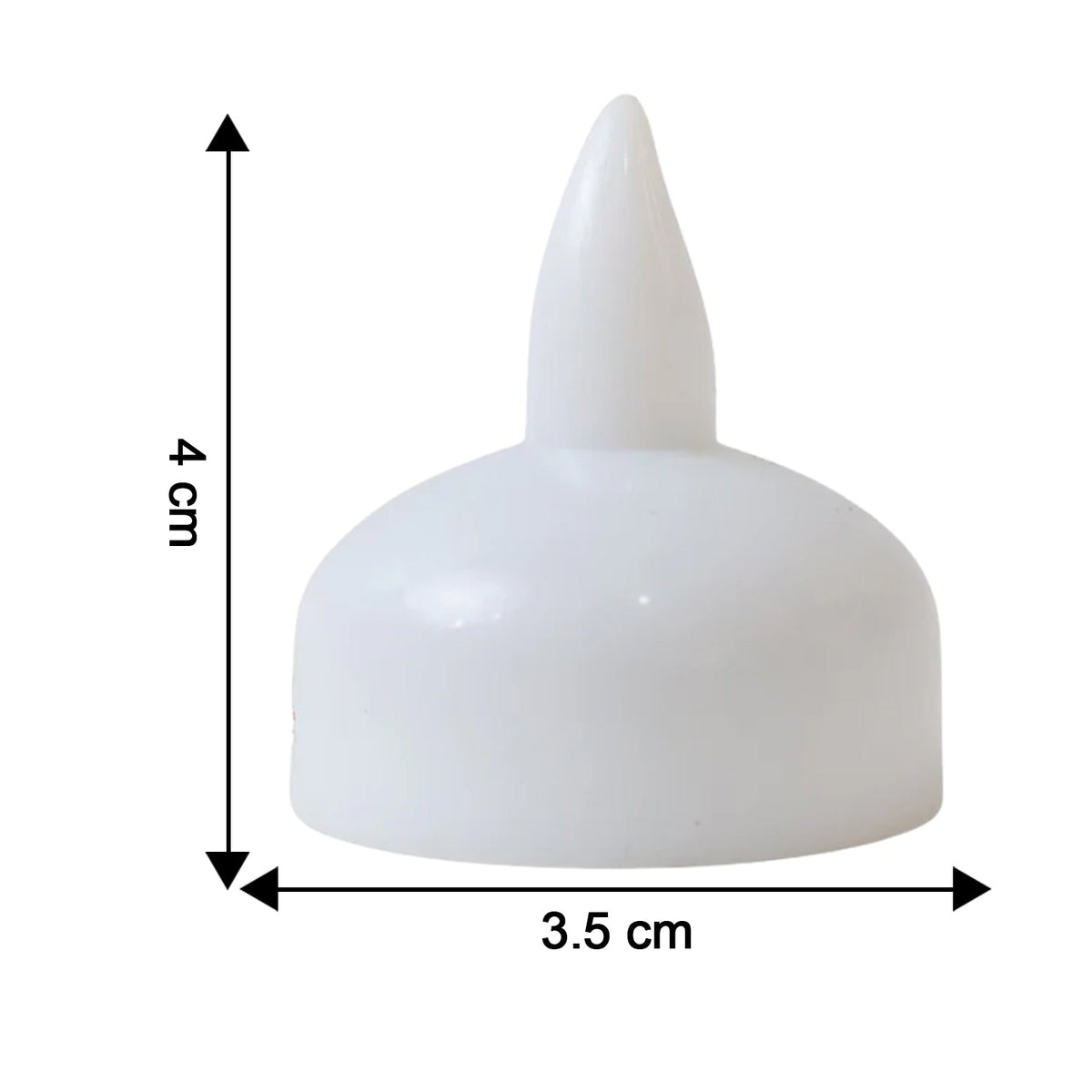 A single unlit white LED tealight candle with a pointed tip, showing dimensions of 4 cm height and 3.5 cm width.