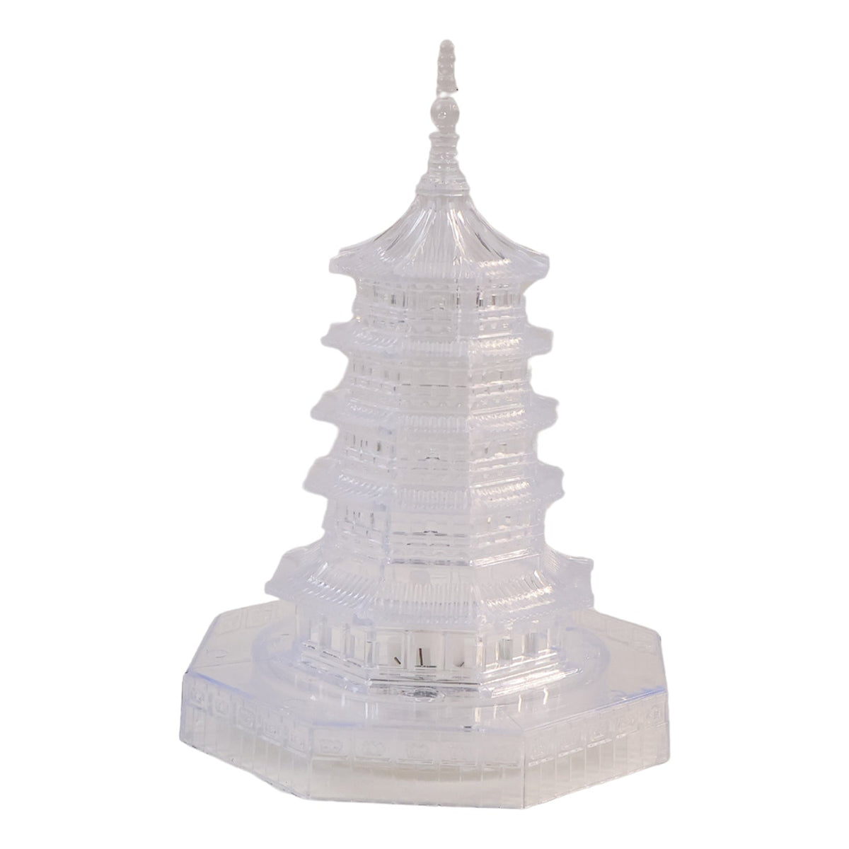 A clear, unlit crystal pagoda light with intricate tiered details on a plain white background.
