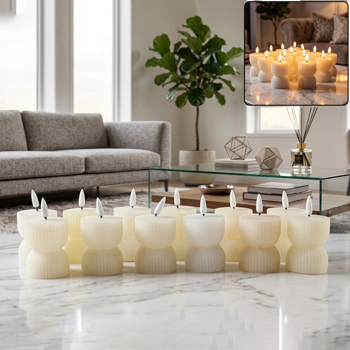 A dozen cream ribbed flameless candles with bright wicks are arranged on a marble floor, with a small inset image.
