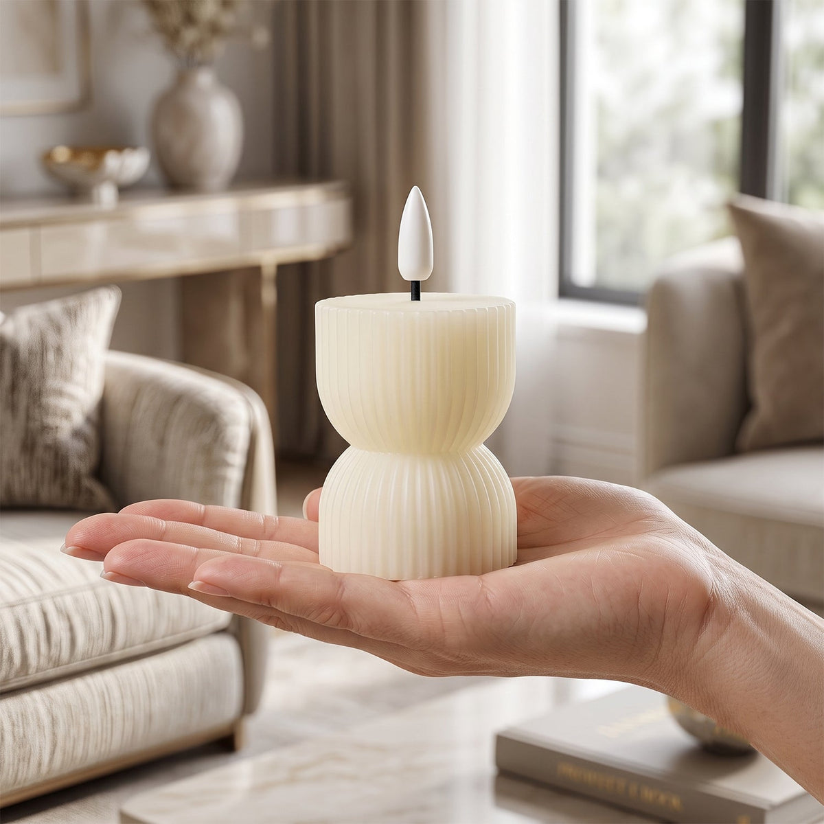 A hand holds one cream ribbed flameless candle with a white wick, centered in a softly lit living room setting.
