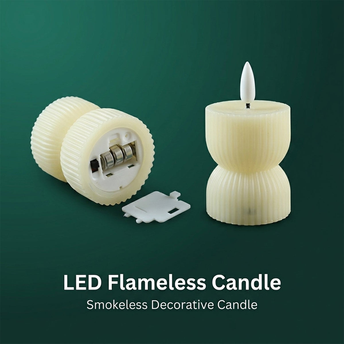 One cream ribbed flameless candle stands upright, while another lies on its side revealing a battery compartment.