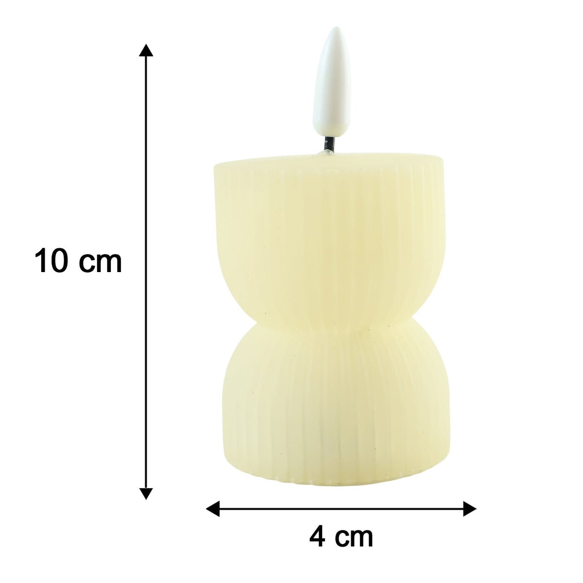 A single cream ribbed flameless candle with a white wick is shown with measurements of 10 cm height and 4 cm width.