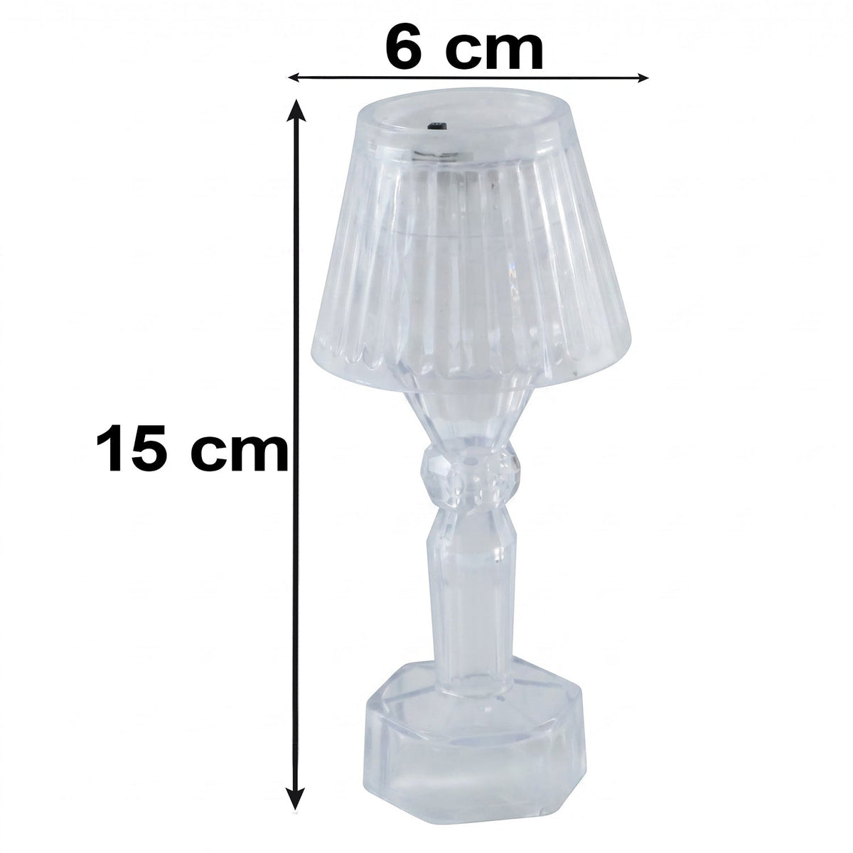 A single clear acrylic miniature lamp with a ribbed shade is shown with its dimensions: 15 cm tall and 6 cm wide.