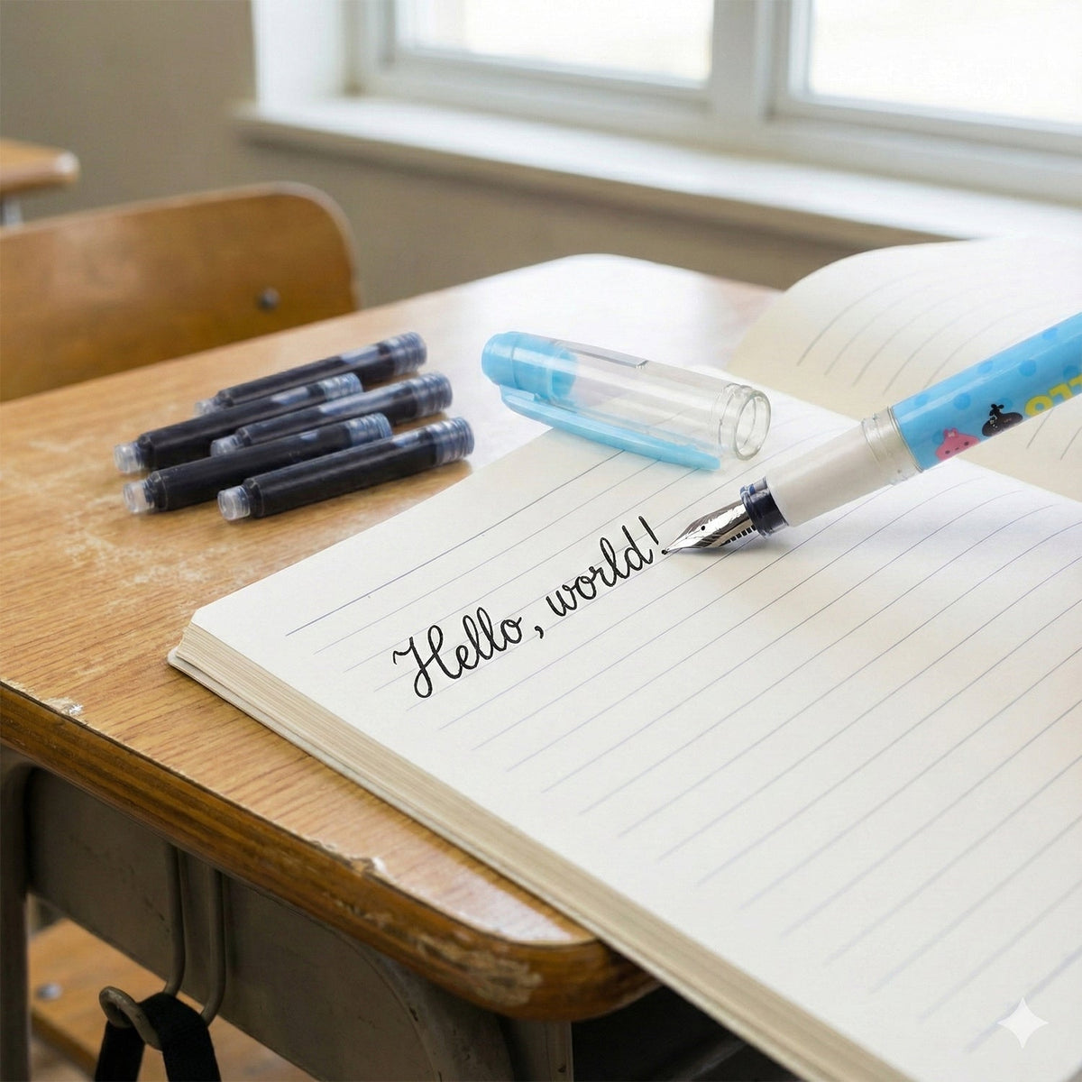 A light blue cartoon animal fountain pen with four black ink cartridges on a wooden school desk.