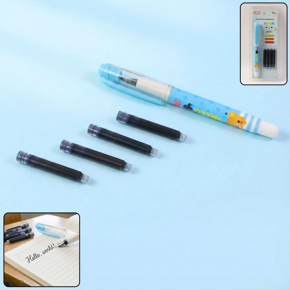 A light blue cartoon animal fountain pen with four black ink cartridges on a plain blue background. – view 3