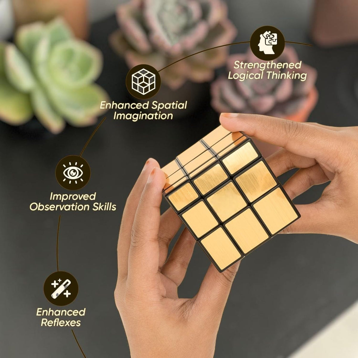 Hands hold a gold mirror cube puzzle, surrounded by icons and text describing benefits like enhanced spatial imagination and