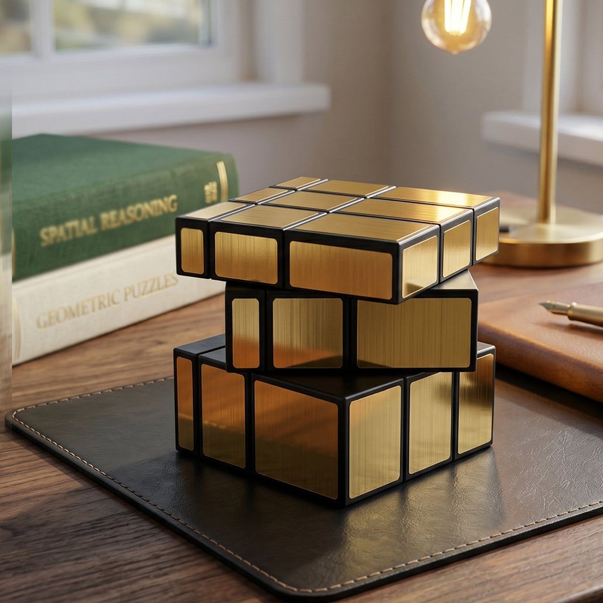 A gold mirror cube puzzle rests on a dark brown desk, with books and a lamp in the background.