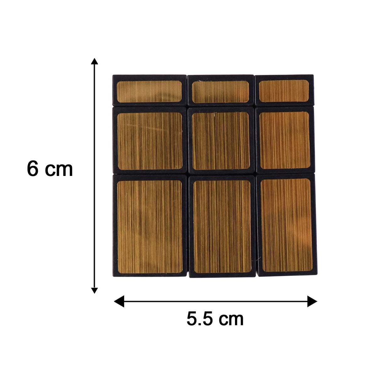 A top-down view of the gold mirror cube puzzle with dimensions indicating 6 cm height and 5.5 cm width.