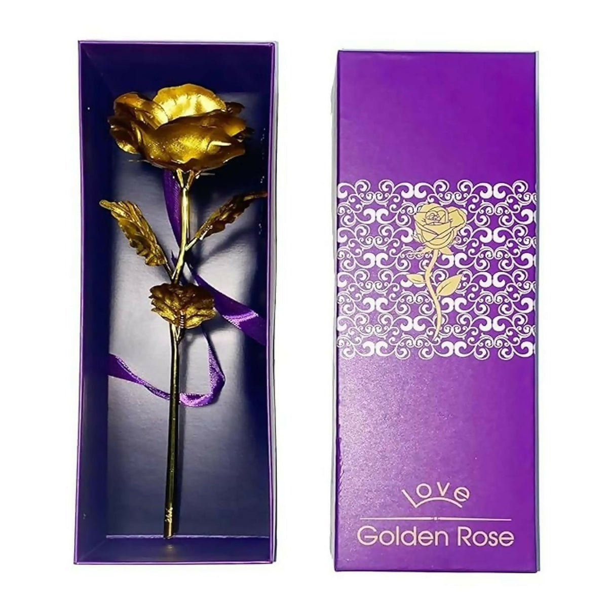 An open purple gift box with a gold-plated rose inside, next to its closed lid with a decorative pattern.