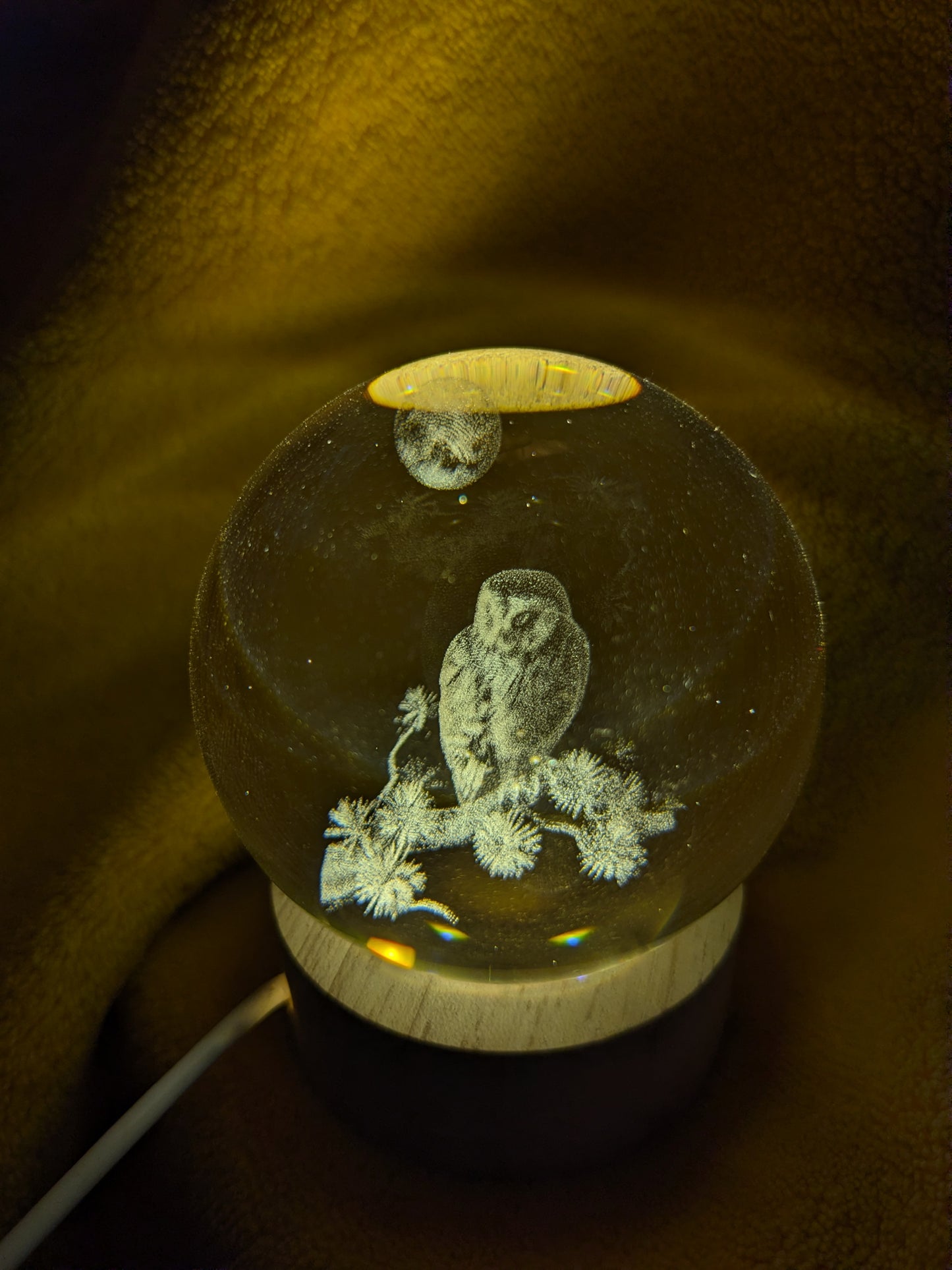 Crystal Ball LED Owl Lamp – Glass Night Light with Wooden Base | Aesthetic Desk & Bedside Décor | Onebest