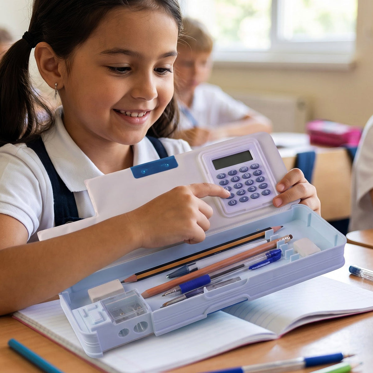 A smiling schoolgirl operating the calculator on a light blue Avengers themed pencil box filled with writing instruments.