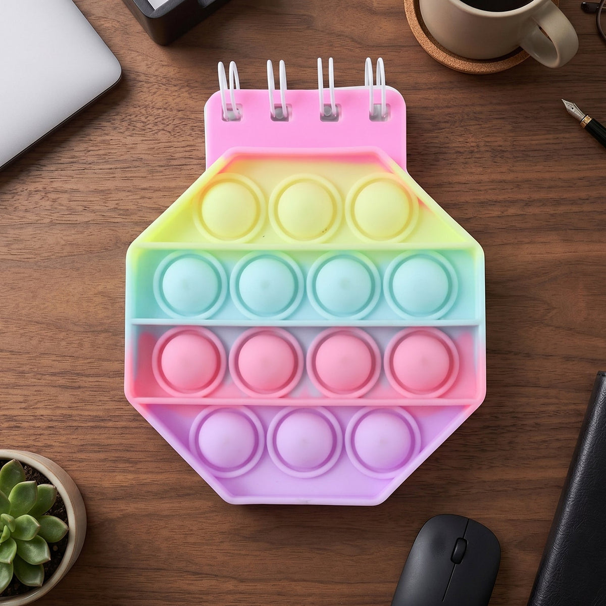 A closed pastel hexagon pop it fidget notebook on a wooden desk with a laptop, coffee cup, and plant.