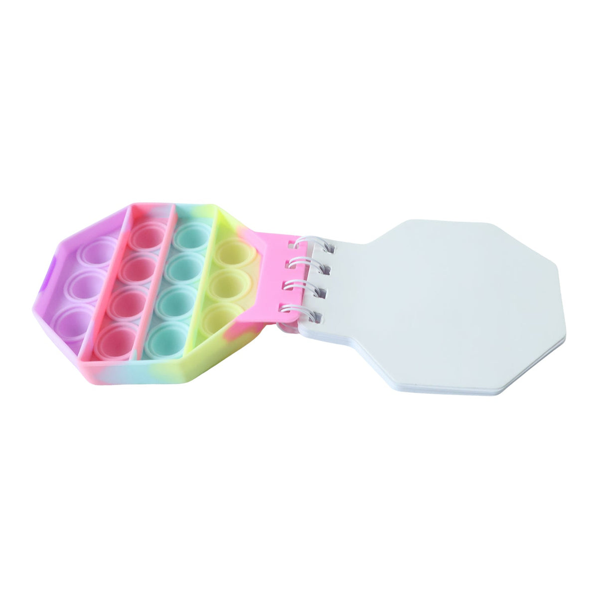 A pastel hexagon pop it fidget notebook open, showing the colorful pop it cover and blank white pages.