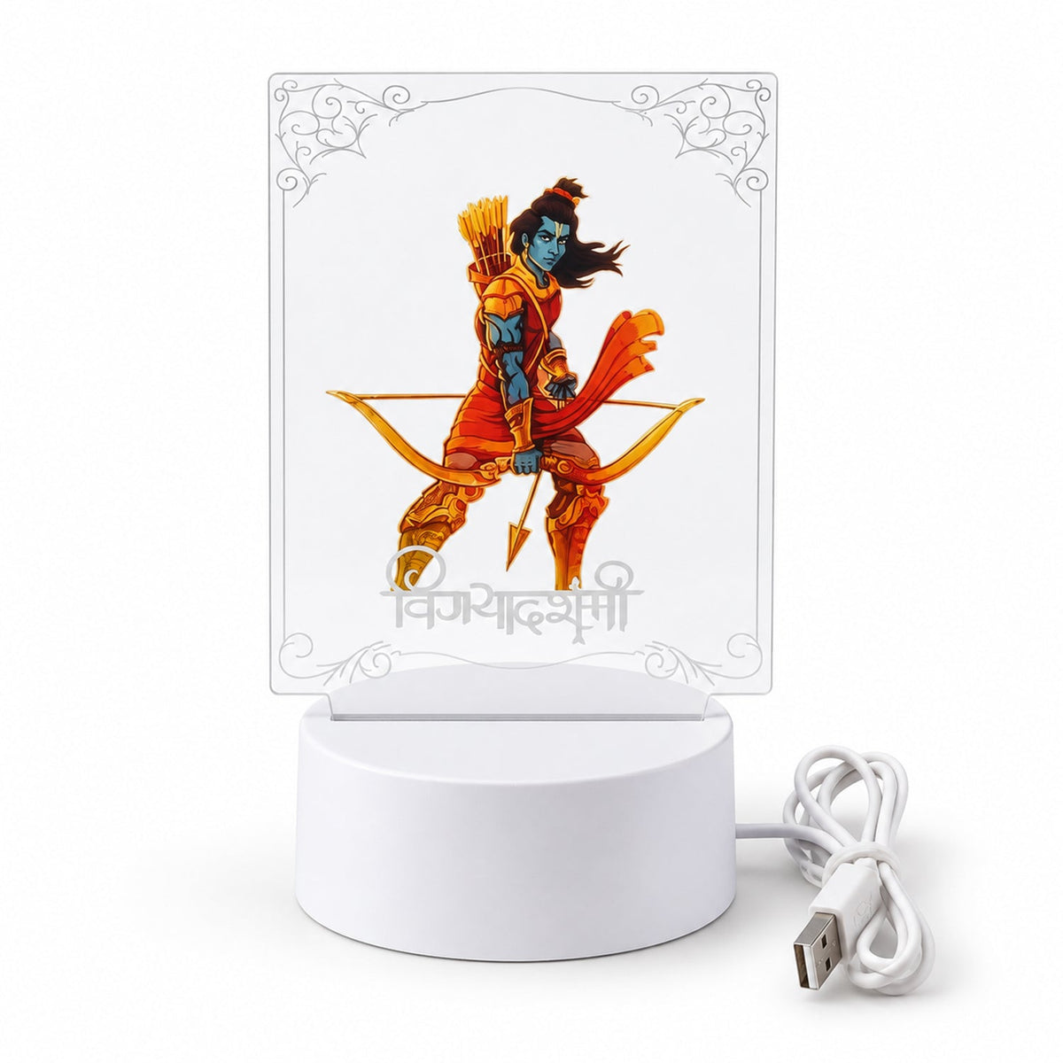 Lord Ram 3D LED lamp unlit, featuring a blue-skinned deity design, with its white base and coiled USB cable on a white