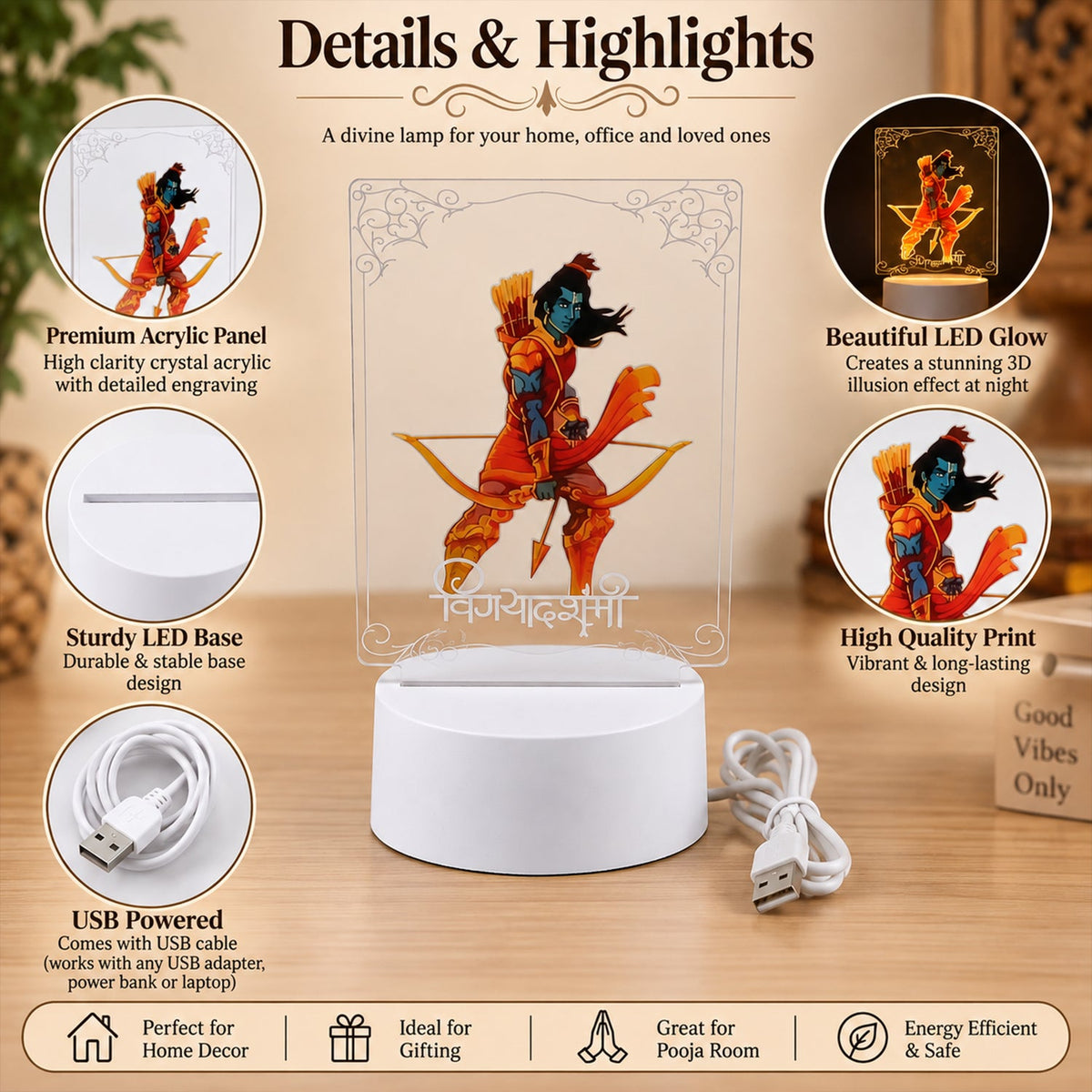 Infographic detailing the Lord Ram 3D LED lamp's features, including its acrylic panel, LED base, and USB power, with