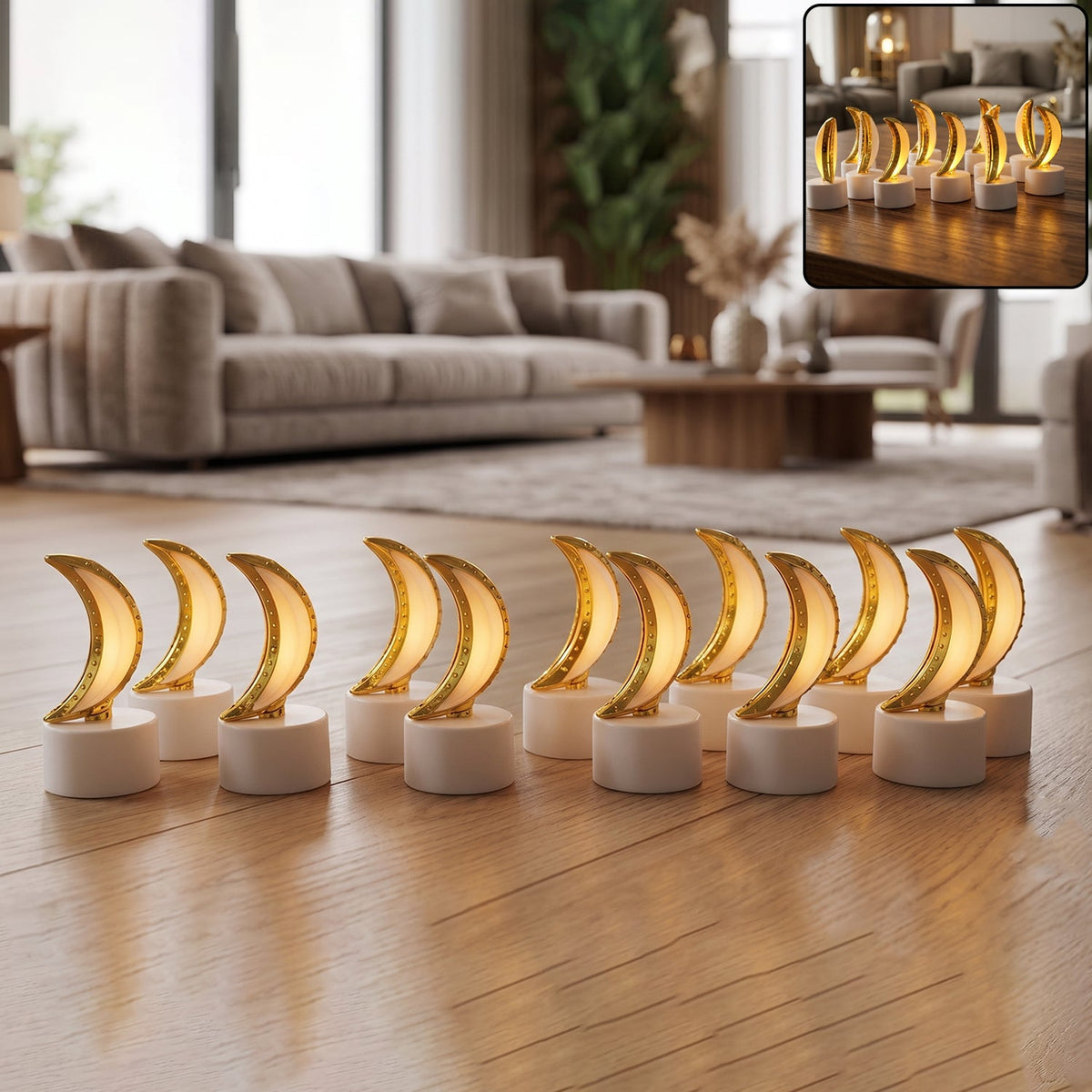 Twelve golden crescent moon LED tealights with warm glow on a wooden floor in a living room.