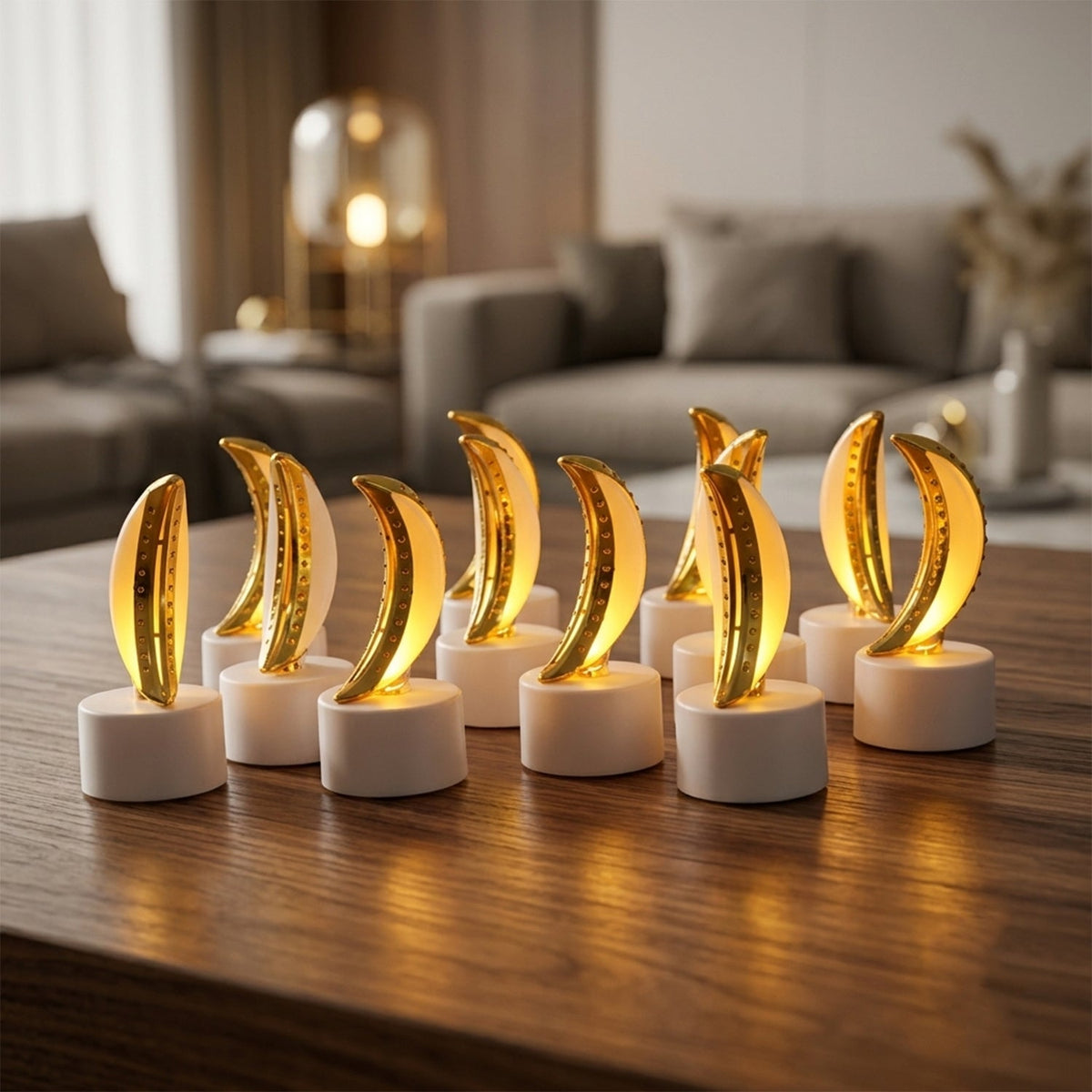 Nine golden crescent moon LED tealights with warm glow on a wooden coffee table in a living room.
