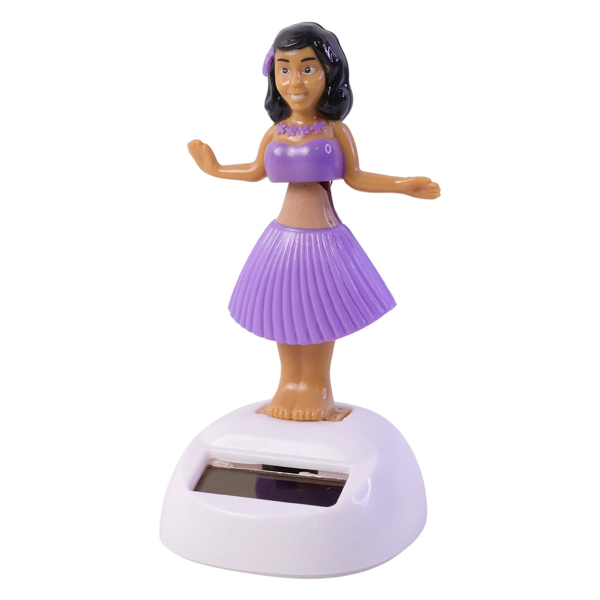 A solar-powered dancing hula girl toy in purple and brown, with a white base, on a white background.