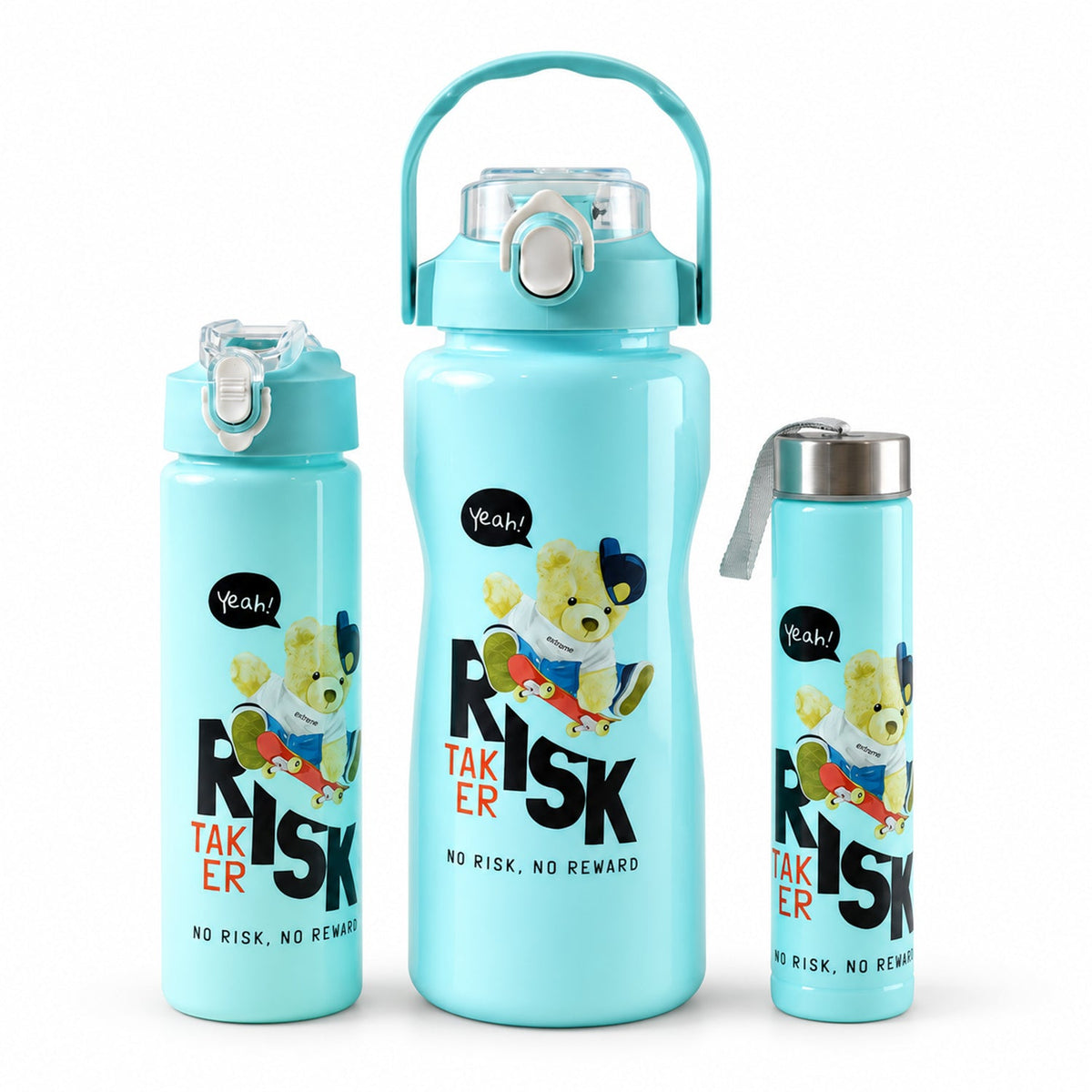 Three light blue water bottles of varying sizes with a bear graphic on a white background.
