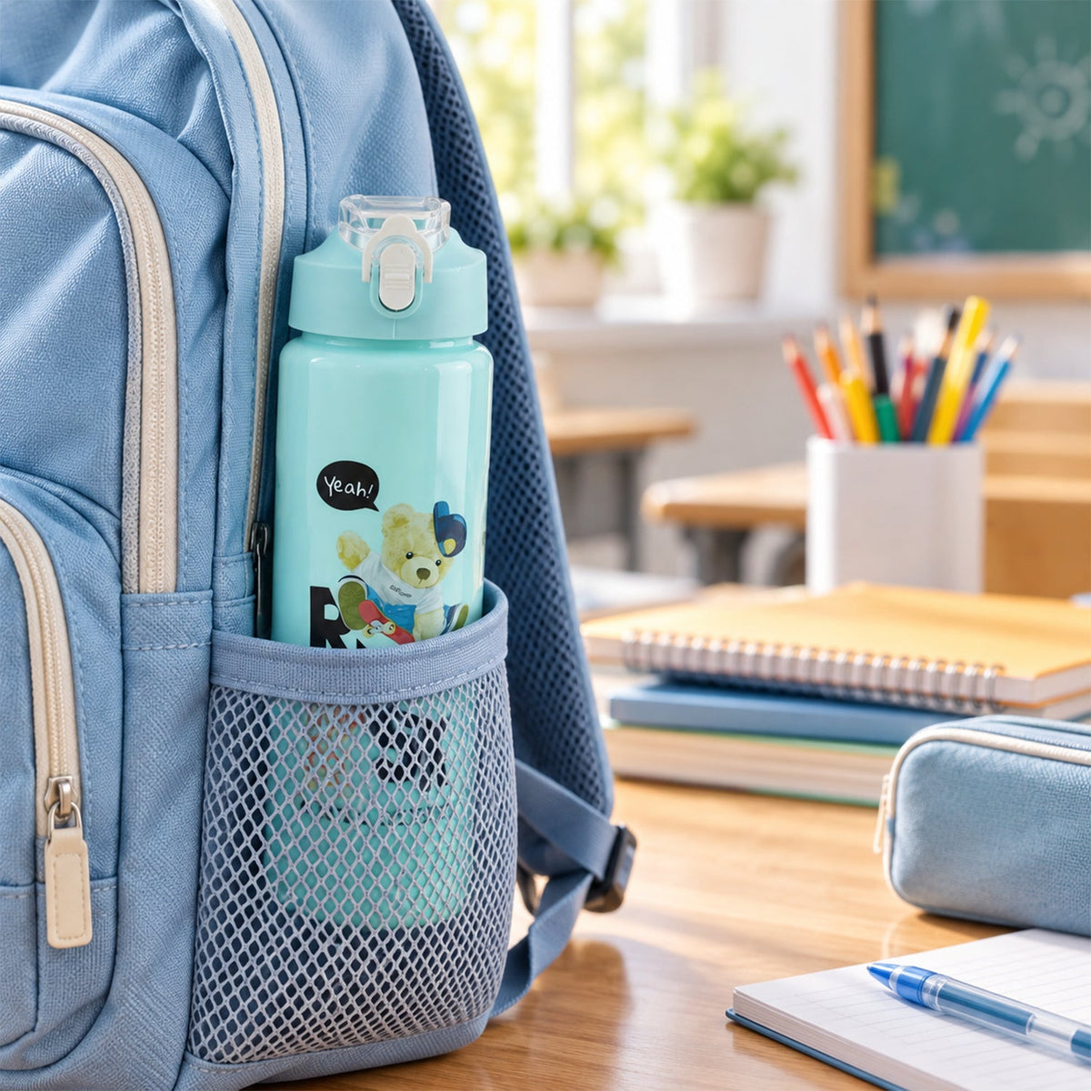 A light blue water bottle with a bear graphic in the mesh pocket of a blue backpack.