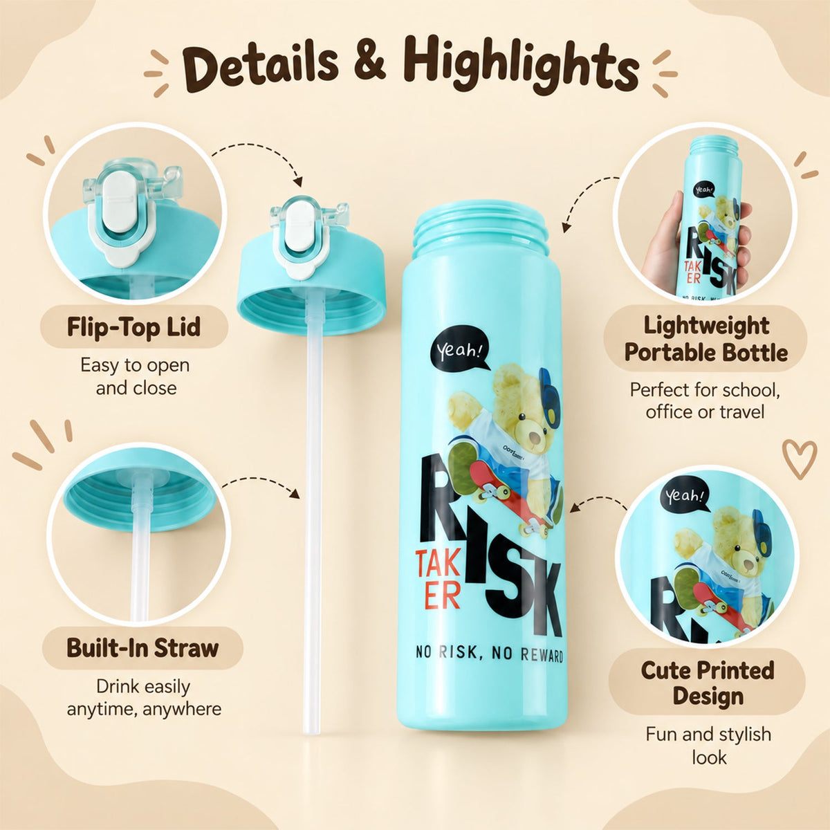An infographic showing details of a light blue water bottle with a flip-top lid and built-in straw.