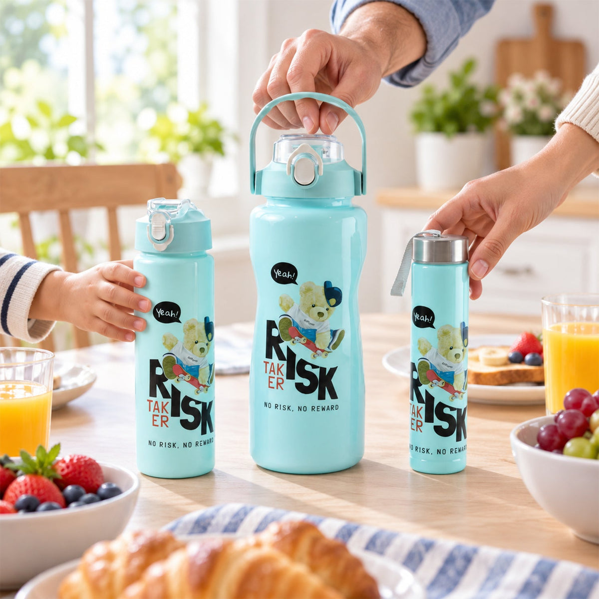 Three light blue water bottles on a breakfast table with hands reaching for two of them.
