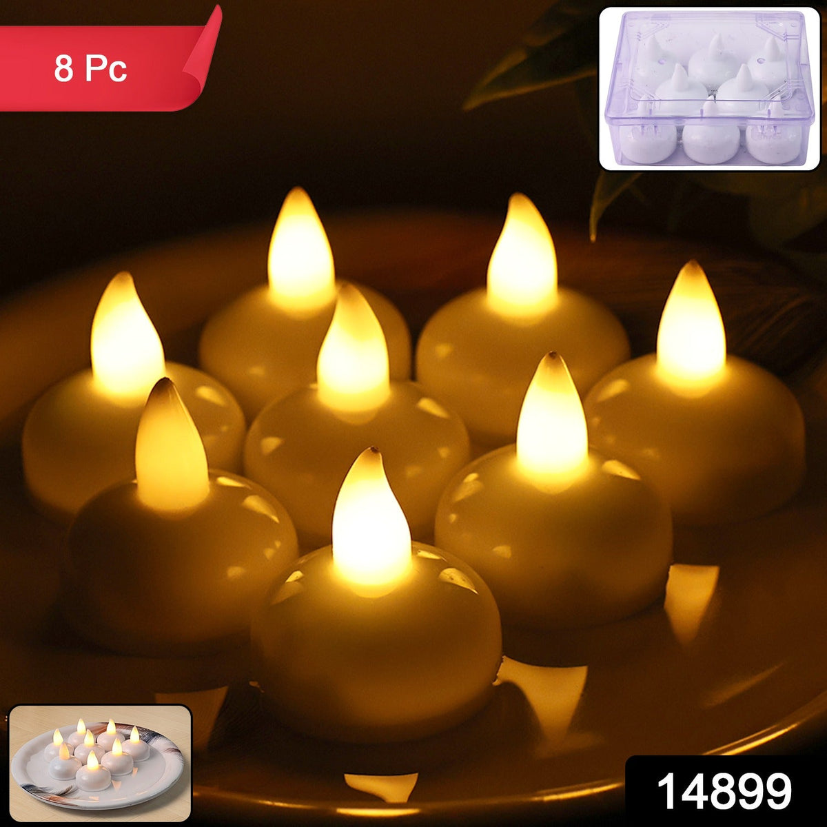 Eight white LED tealight candles with warm yellow flames, on a white plate, with a clear plastic box of candles in the top