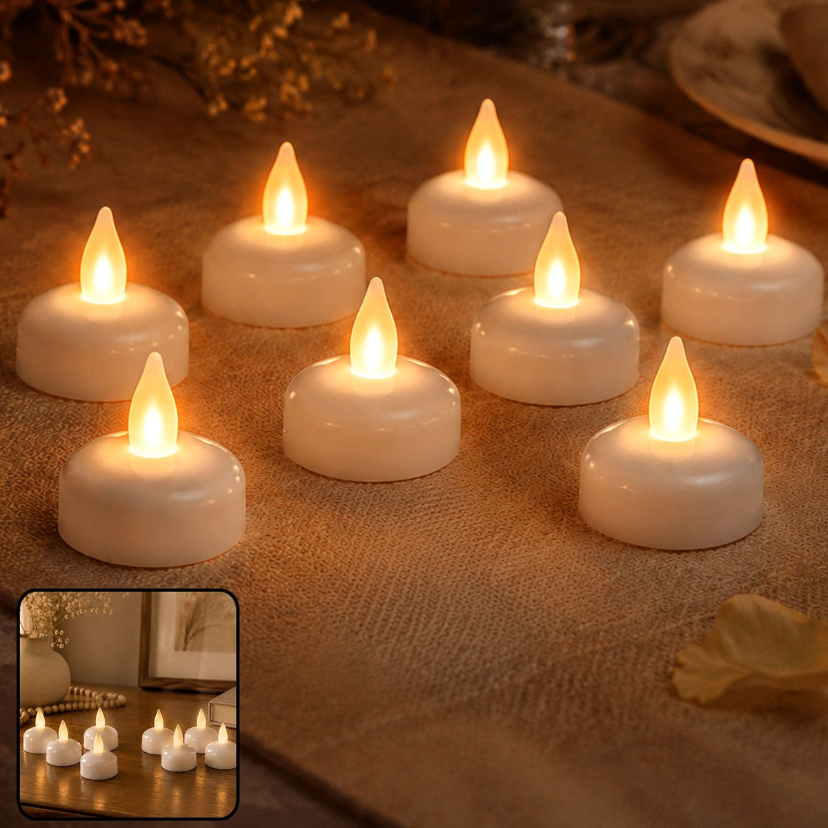 Eight white LED tealight candles with warm yellow flickering flames, arranged on a beige textured surface.