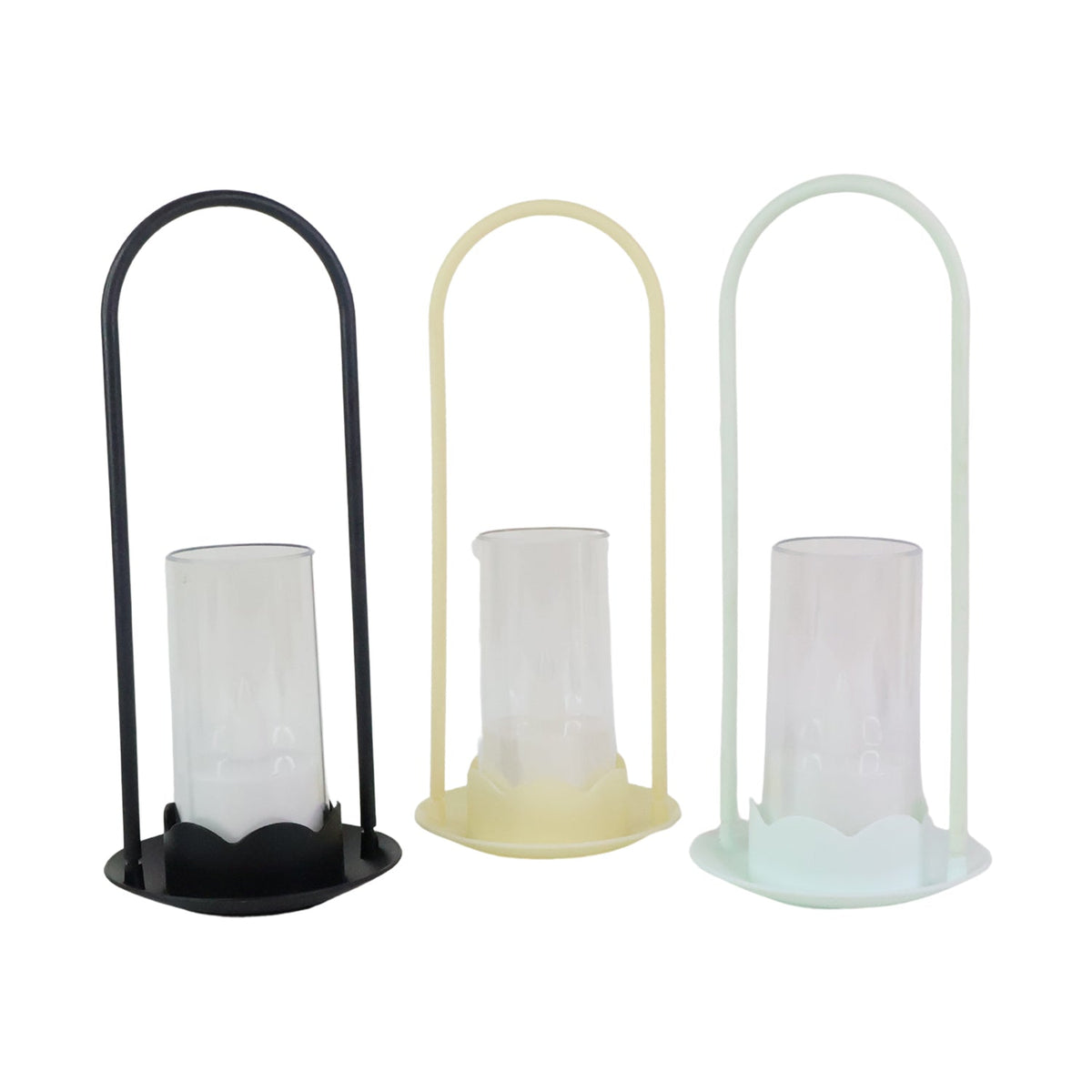 Three LED lantern bases and handles in black, light yellow, and light green, each with a clear glass cylinder.