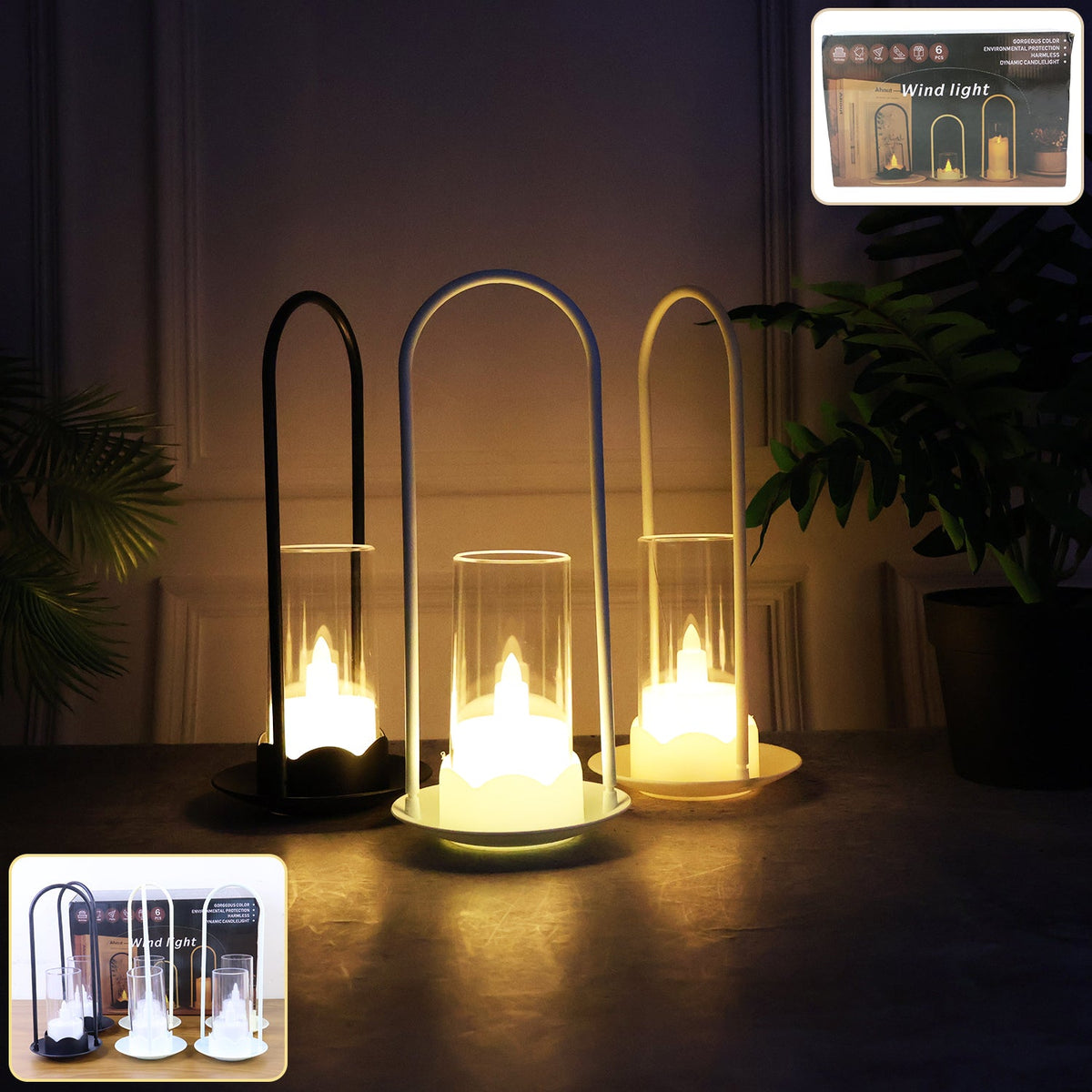 Three LED wind lanterns, one black and two white, with glowing flameless candles, on a dark table with a plant in the