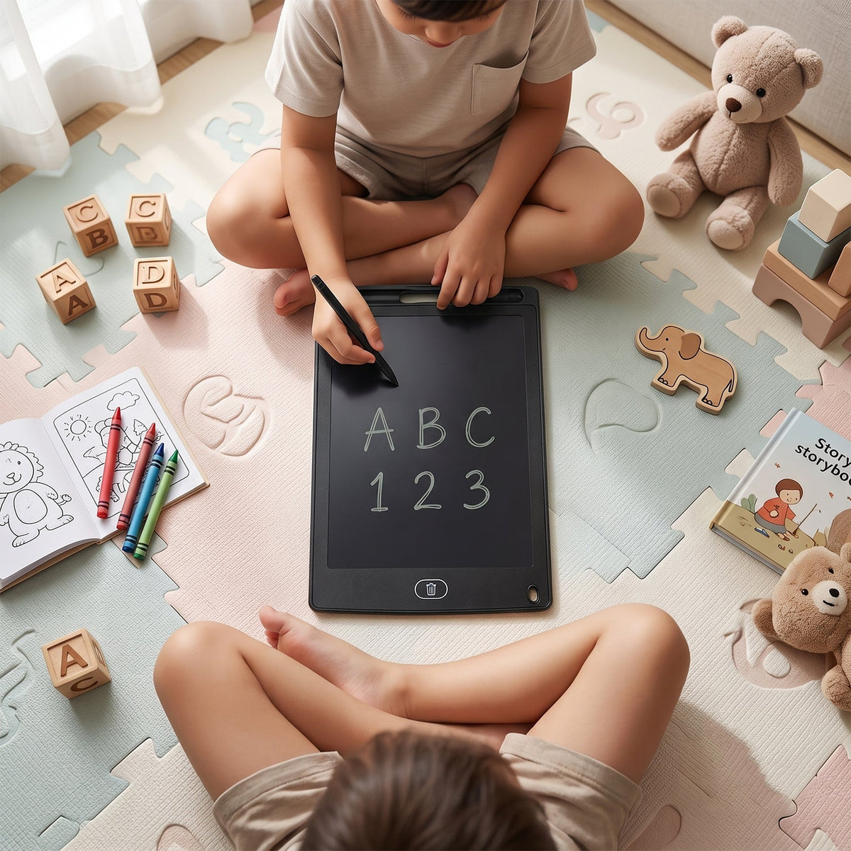 Two children sit on a play mat, one writing "ABC 123" on a black LCD tablet, surrounded by toys and books.
