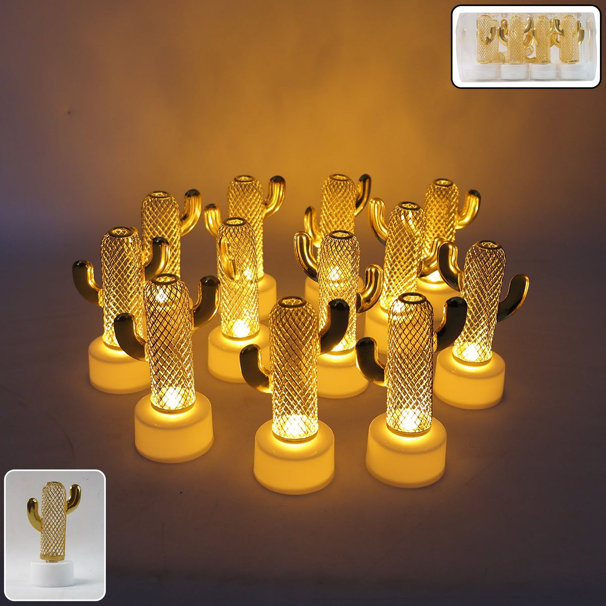 A dozen glowing cactus-shaped LED lights arranged on a dark surface, with an inset showing the packaging for four lights.
