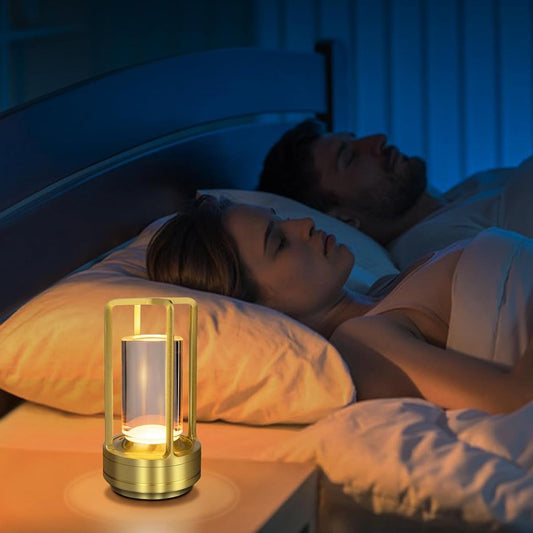 Crystal table lamp glowing with warm light