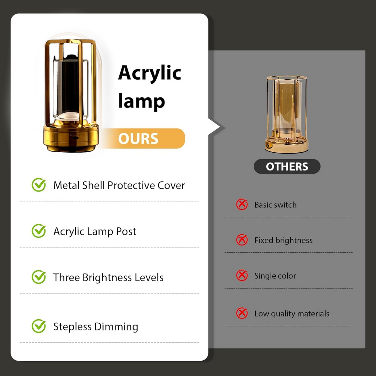Portable crystal table lamp side view